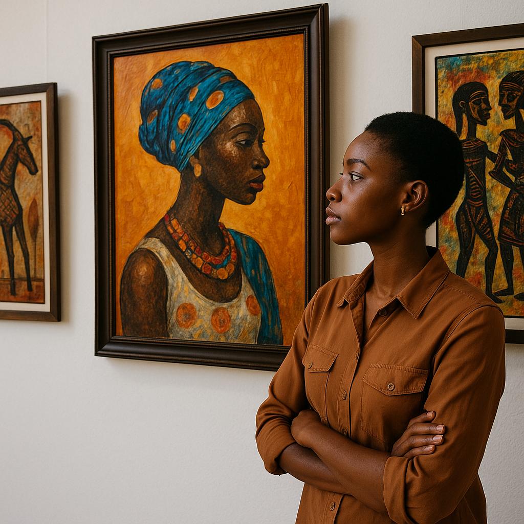 A woman contemplating African art in a gallery, symbolising AIA 54's investment in African creativity